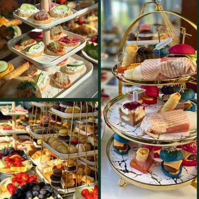 High tea bij Dakpark Restaurant: etagères met sandwiches, hartige hapjes en gebak