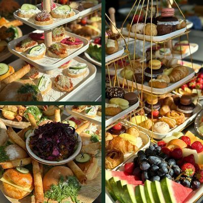 Collage van de high tea met fruit en gebak